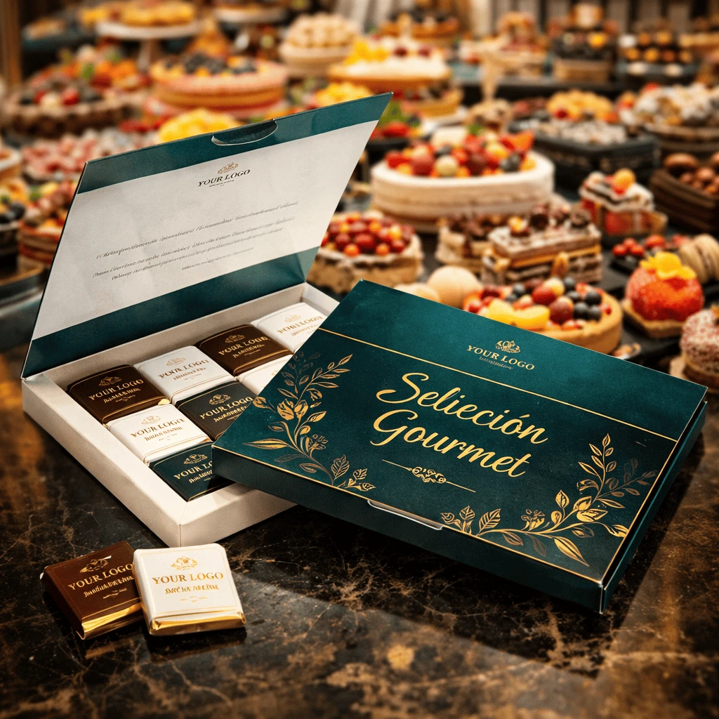 estuche de chocolates con logo sin pedidos minimos.